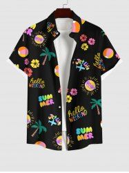 Plus Size Colorful Coconut Tree Sun Letters Floral Print Hawaii Button Pocket Shirt For Men -  
