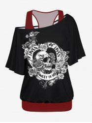 Plus Size Solid Racerback Tank Top and Skull Rose Flower Letters Print T-shirt Set -  