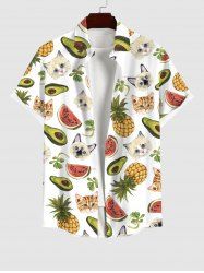 Plus Size Watermelon Pineapple Cat Avocado Print Hawaii Button Pocket Shirt For Men -  