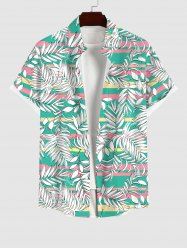 Plus Size Tropical Leaves Colorful Striped Print Hawaii Button Pocket Shirt For Men -  