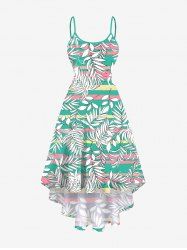 Plus Size Tropical Leaves Colorful Striped Print Hawaii High Low Asymmetric Backless A Line Cami Dress -  