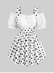 Plus Size Polka Dot Print Bowknot Floral Hollow Out Ruffles Cold Shoulder 2 In 1 Top -  