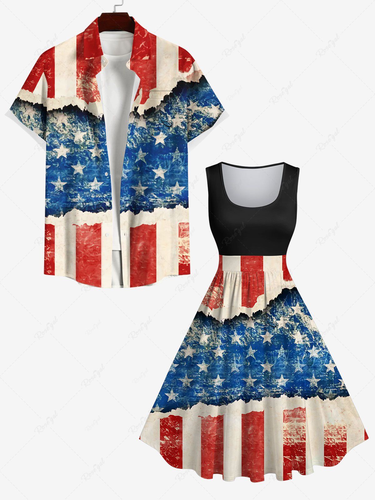 Chic Patriotic American Flag Distressed Ripped 3D Print Plus Size Matching Outfit For Couples  