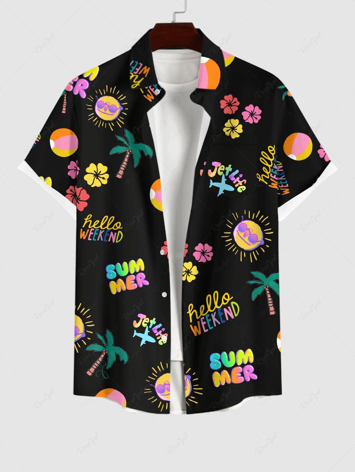 Best Plus Size Colorful Coconut Tree Sun Letters Floral Print Hawaii Button Pocket Shirt For Men  