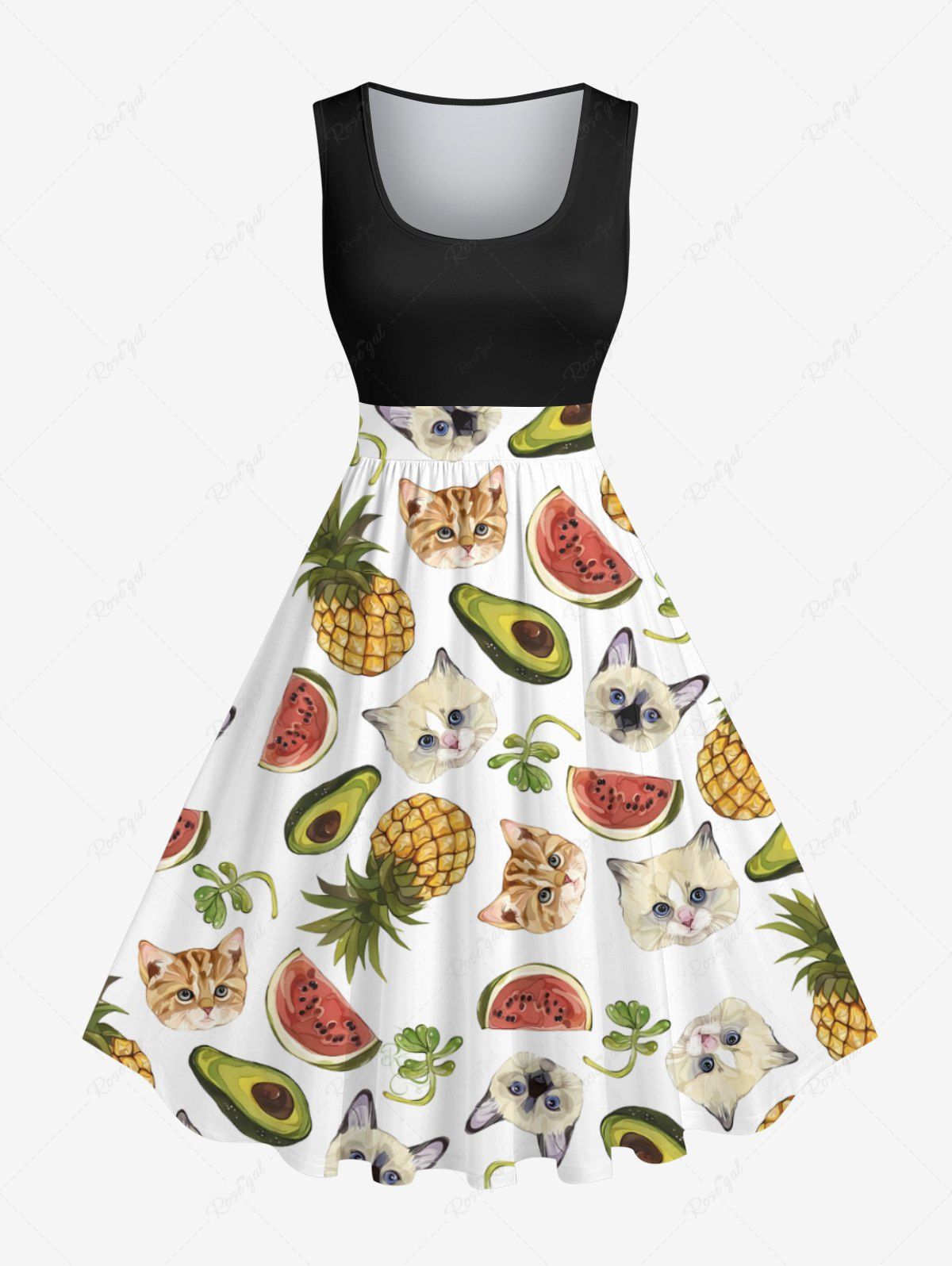Unique Plus Size Watermelon Pineapple Cat Avocado Print Hawaii Vintage Swing A Line Dress  