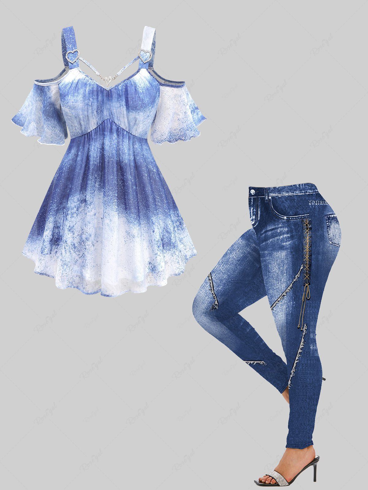 Store Splatter Tie Dye Print Top and 3D Denim Lace Up Topstitching Graphic Leggings Plus Size Outfit  