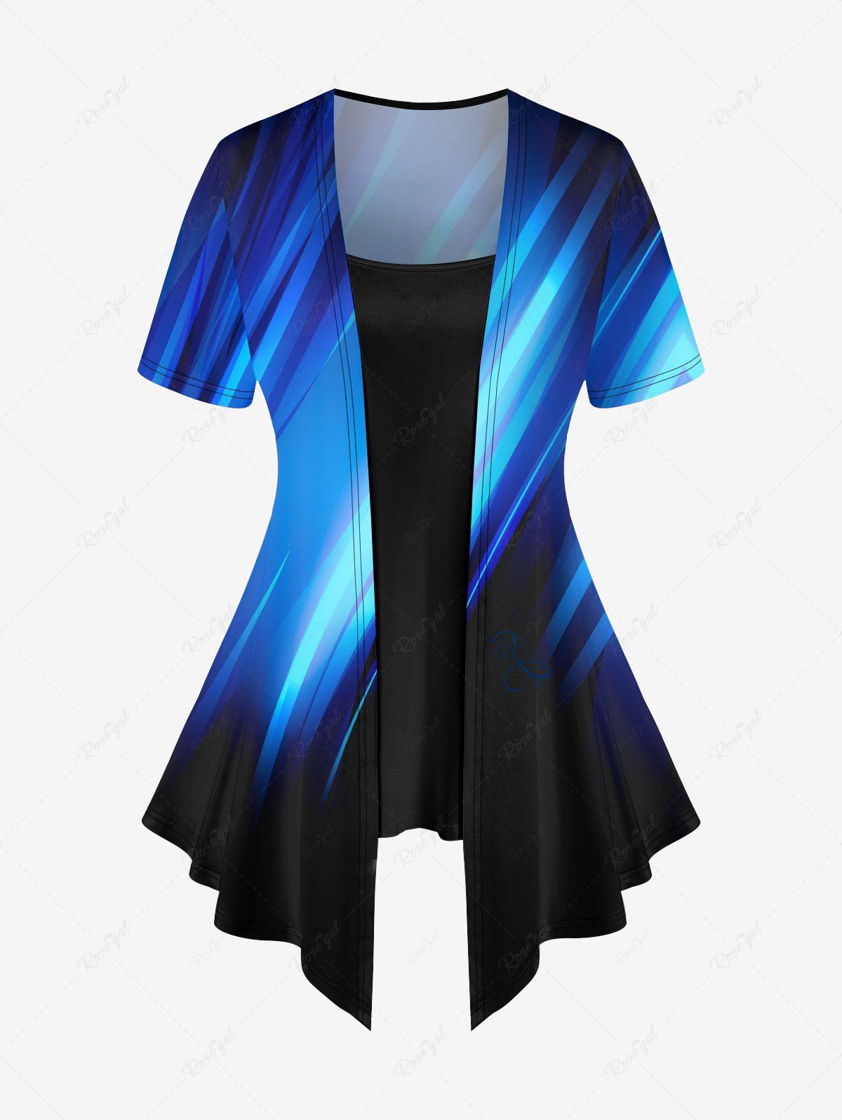 Fashion Plus Size Ombre Colorblock Glitter 3D Print Asymmetrical 2 In 1 T-shirt  