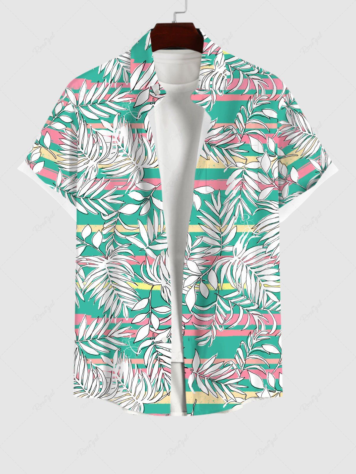 Best Plus Size Tropical Leaves Colorful Striped Print Hawaii Button Pocket Shirt For Men  