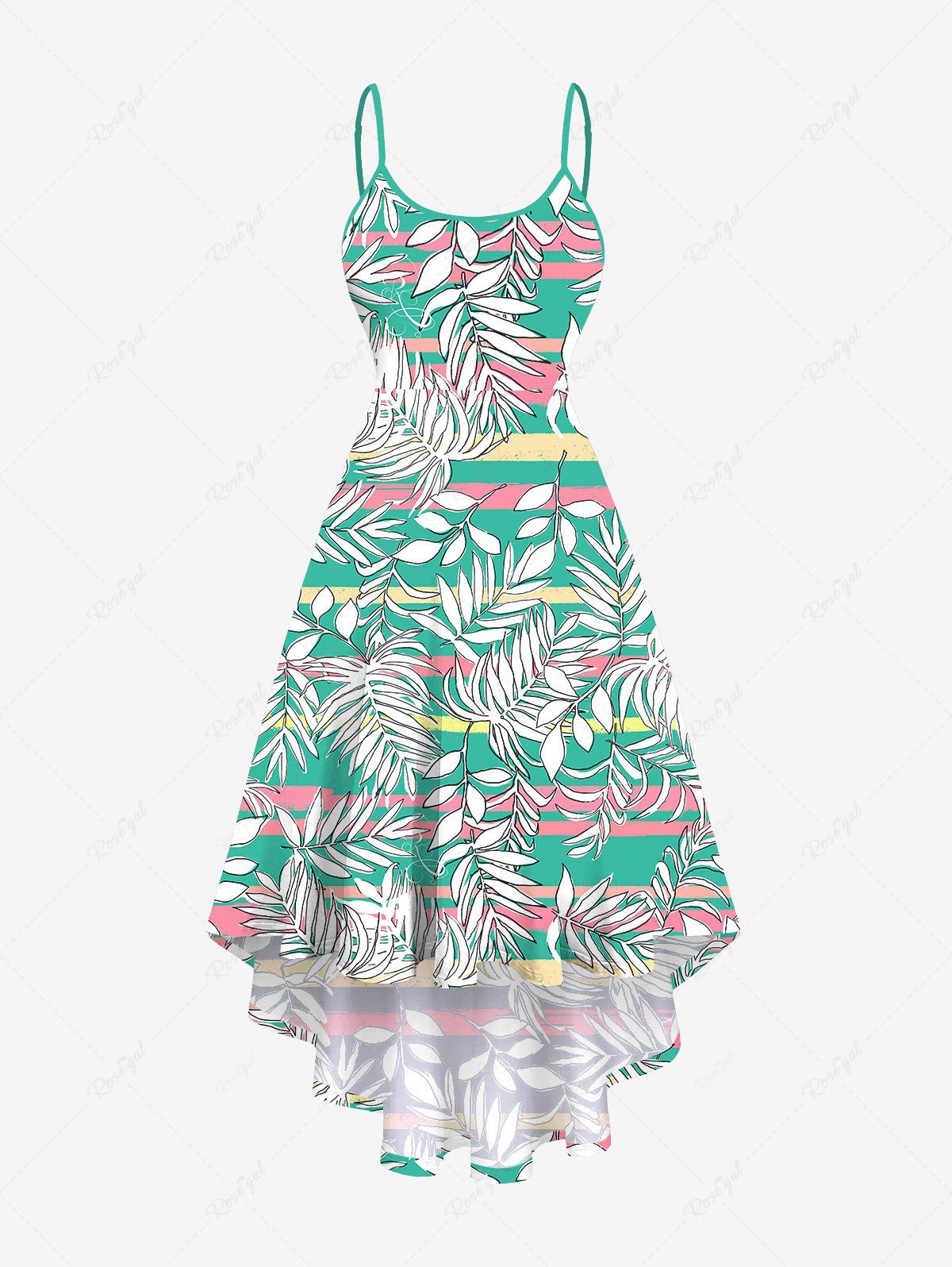 Online Plus Size Tropical Leaves Colorful Striped Print Hawaii High Low Asymmetric Backless A Line Cami Dress  