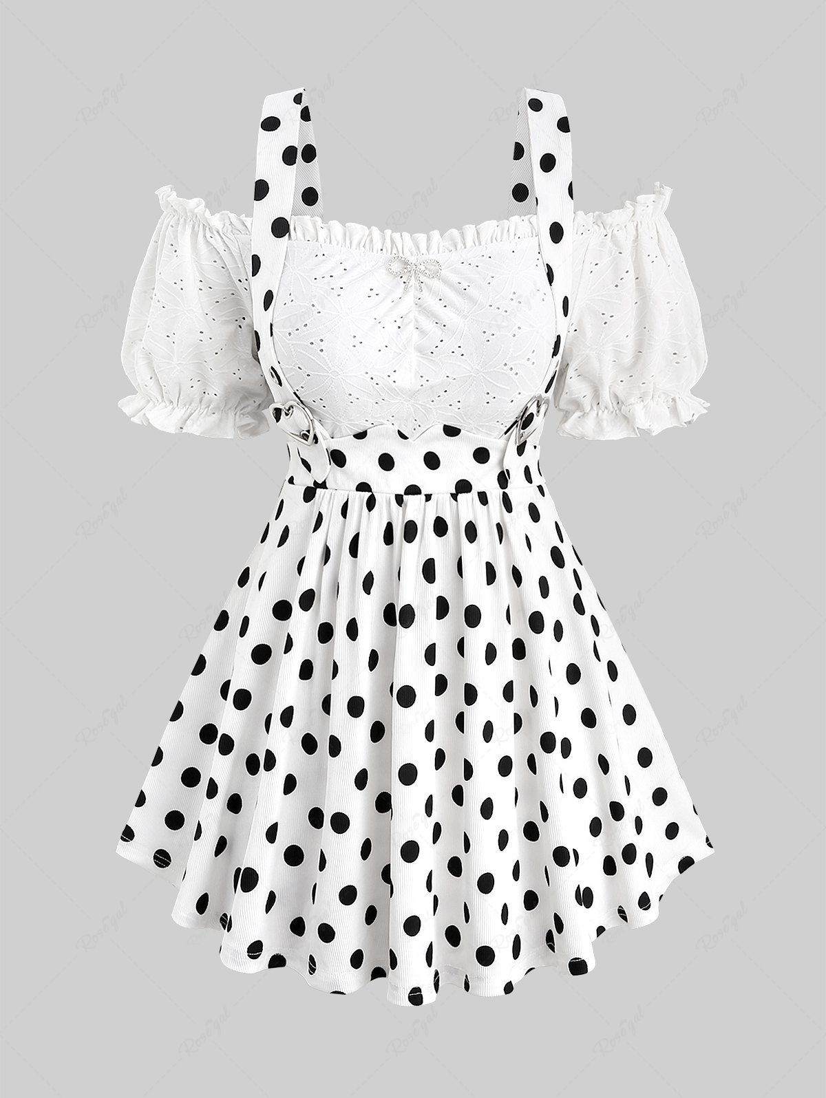 Best Plus Size Polka Dot Print Bowknot Floral Hollow Out Ruffles Cold Shoulder 2 In 1 Top  