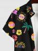 Plus Size Colorful Coconut Tree Sun Letters Floral Print Hawaii Button Pocket Shirt For Men -  