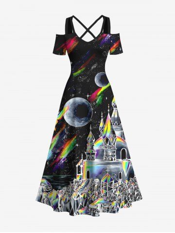 Plus Size Cold Shoulder Colorful Mushroom Castle Planet Butterfly Print Crisscross A Line Maxi Dress - BLACK - 2X