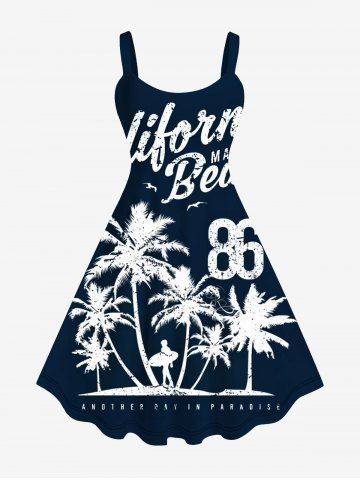 Plus Size Coconut Tree Beach Letters Print Hawaii Backless A Line Tank Dress - BLACK - XS