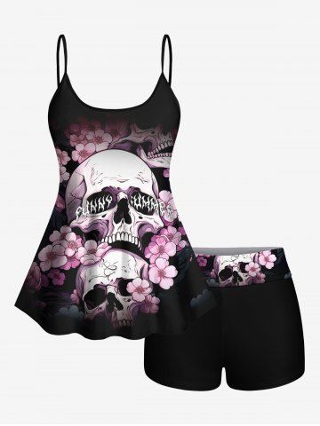 Maillot de Bain Tankini Short et à Épaules Dénudées avec Imprimé Fleurs et Crânes (Réglable) - BLACK - XS