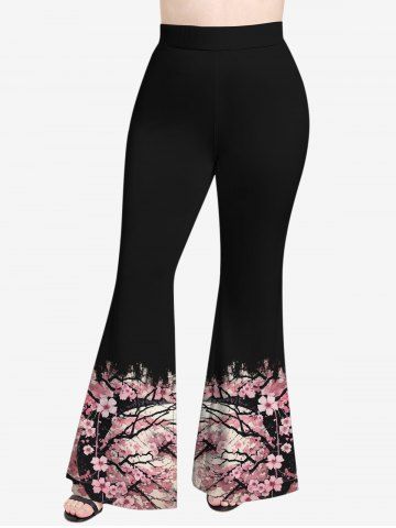 Plus Size Plum Bossom Flower Branch Print Flare Pants