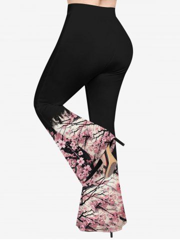 Plus Size Plum Bossom Flower Branch Print Flare Pants