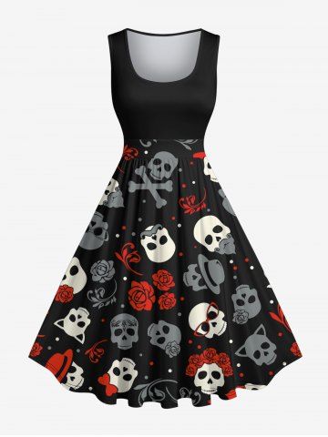 Plus Size Skulls Rose Flower Hat Dots Print 1950s Vintage Dress - BLACK - S