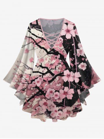 Plus Size Plum Bossom Flower Branch Print Lattice Crisscross Flare Sleeve T-shirt - MULTI-A - 2X