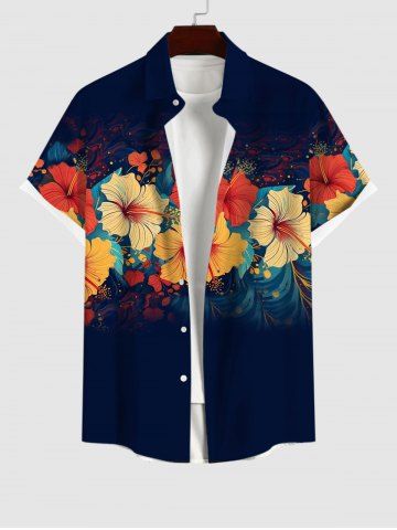 Plus Size Tropical Hibiscus Flowers Print Buttons Pocket Hawaii Shirt For Men