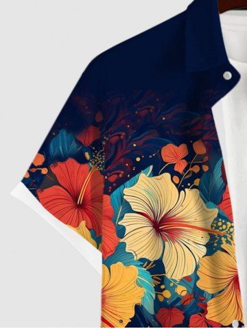 Plus Size Tropical Hibiscus Flowers Print Buttons Pocket Hawaii Shirt For Men