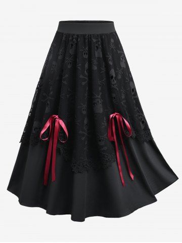 Plus Size Mesh Skull Bowknot Tied Layered A Line Skirt - BLACK - M | US 10