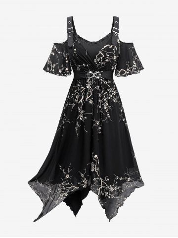 Gothic Plus Size Plum Bossom Flower Print Surplice Ruffles Asymmetrical Grommets Buckle Cold Shoulder Dress - BLACK - L | US 12