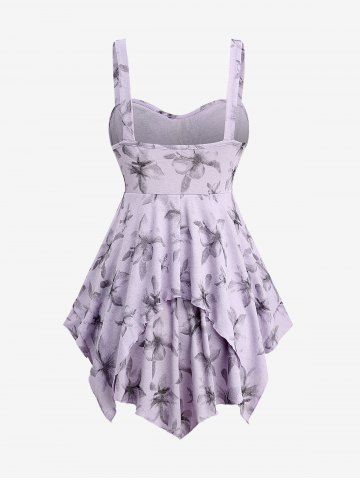 Plus Size Floral Print Heart Buckle Layered Handkerchief Asymmetric Tank Top