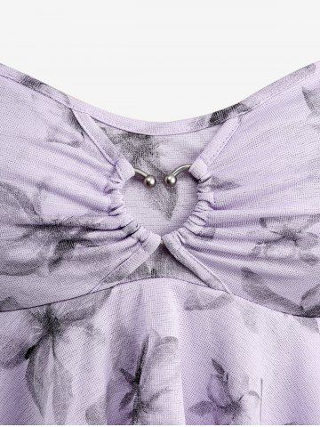 Plus Size Floral Print Heart Buckle Layered Handkerchief Asymmetric Tank Top