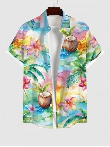 Plus Size Colorful Watercolor Ombre Coconut Tree Flower Juice Print Hawaii Button Pocket Shirt For Men