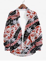 Plus Size Tropical Leaf Flowrs Curve Colorblock Print Buttons Hawaii Long Sleeve Shirt For Men -  