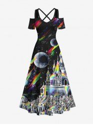Plus Size Cold Shoulder Colorful Mushroom Castle Planet Butterfly Print Crisscross A Line Maxi Dress -  