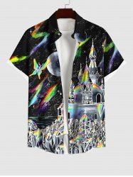 Plus Size Colorful Mushroom Castle Planet Butterfly Print Button Pocket Shirt For Men -  