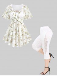 Butterfly Print Twist Top and Hollow Out Crochet Lace Trim Capri Leggings Plus Size Summer Outfit -  