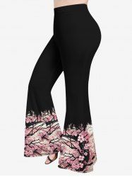 Plus Size Plum Bossom Flower Branch Print Flare Pants -  