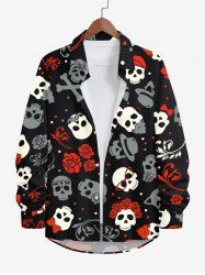 Chemise Rose Crâne Imprimée Chapeau et Pois avec Poche de Grande Taille pour Homme - Noir M