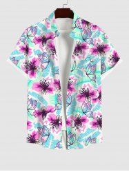 Plus Size Tropical Palm Leaf Flowers Butterfly Print Buttons Pocket Hawaii Shirt For Men -  