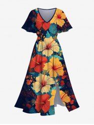 Plus Size Tropical Leaf Hibiscus Flower Print Hawaii Split Midi Dress -  