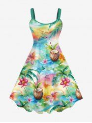 Plus Size Colorful Watercolor Ombre Coconut Tree Flower Juice Print Hawaii Backless A Line Tank Dress -  