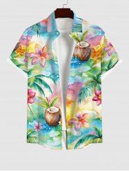 Plus Size Colorful Watercolor Ombre Coconut Tree Flower Juice Print Hawaii Button Pocket Shirt For Men -  