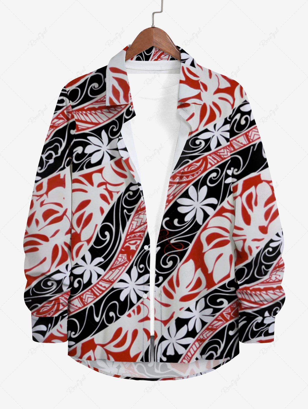 Outfit Plus Size Tropical Leaf Flowrs Curve Colorblock Print Buttons Hawaii Long Sleeve Shirt For Men  