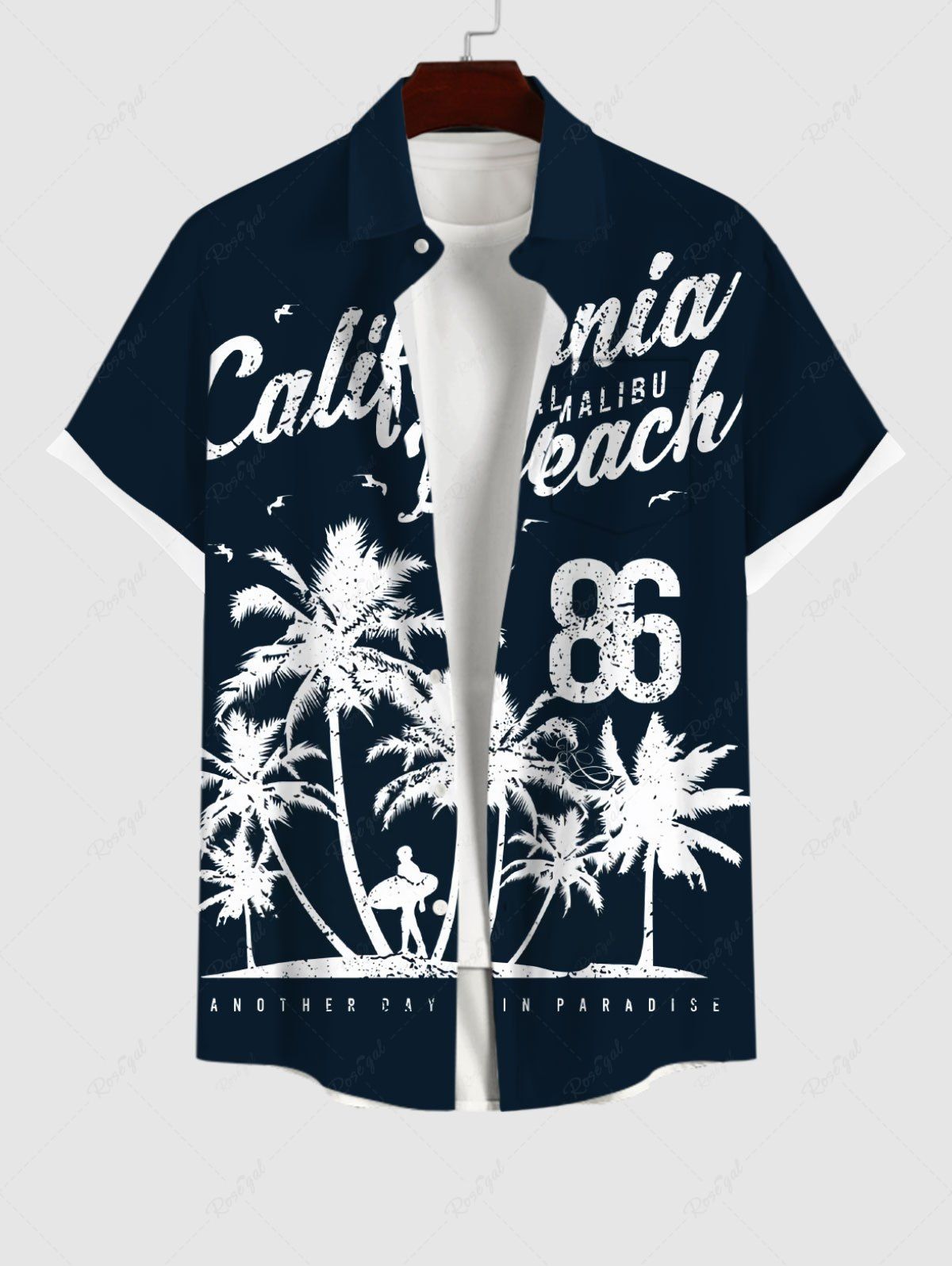 Fashion Plus Size Coconut Tree Beach Letters Print Hawaii Button Pocket Shirt For Men  