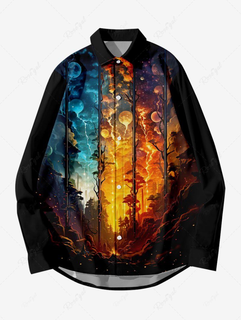 Cheap Plus Size Sunset Clouds Lightning Forest Print Button Shirt For Men  