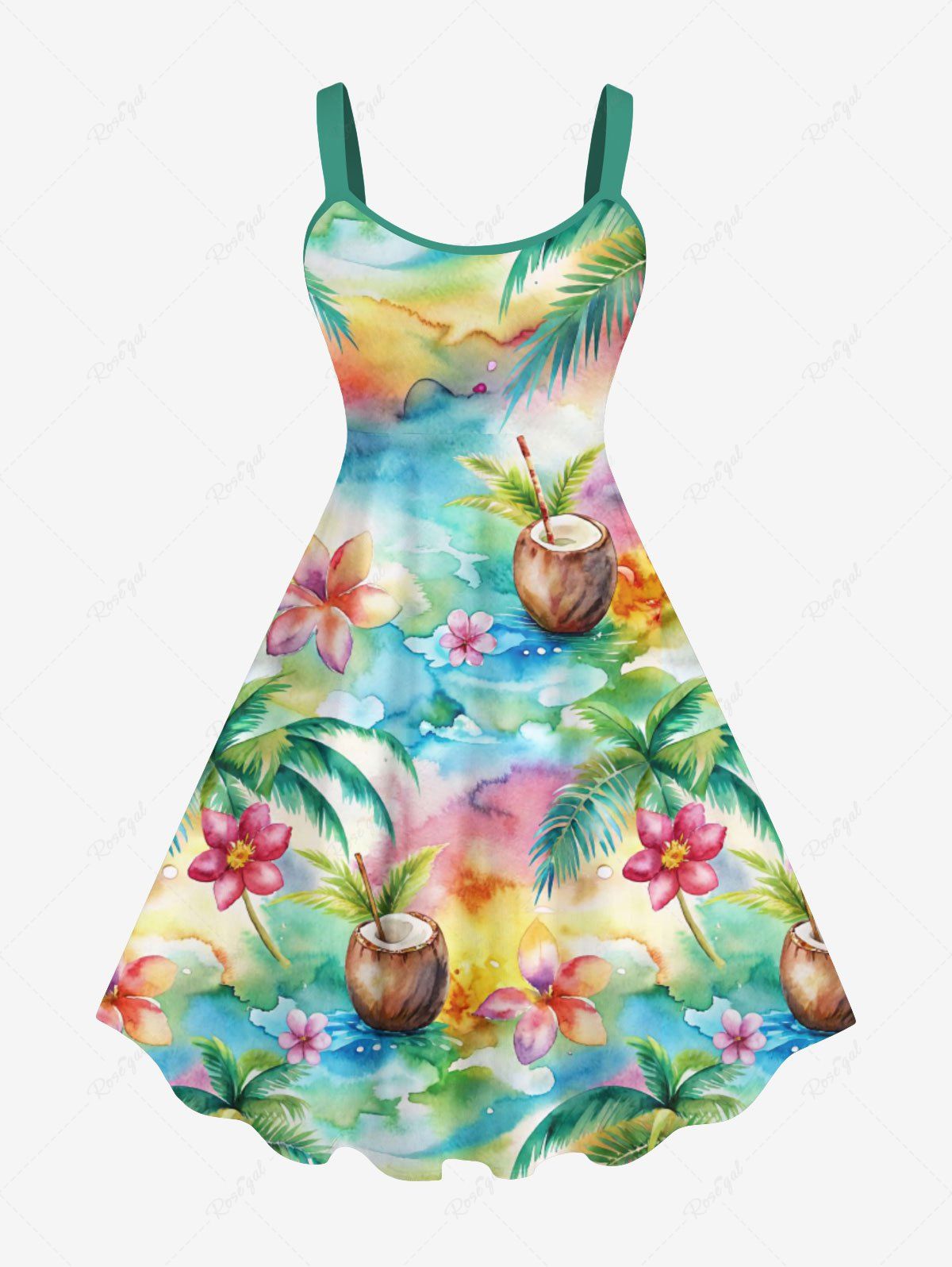 Robe Pin-Up Imprimée Cocotier Floral à L'Aquarelle Grande Taille Multi-A 6X