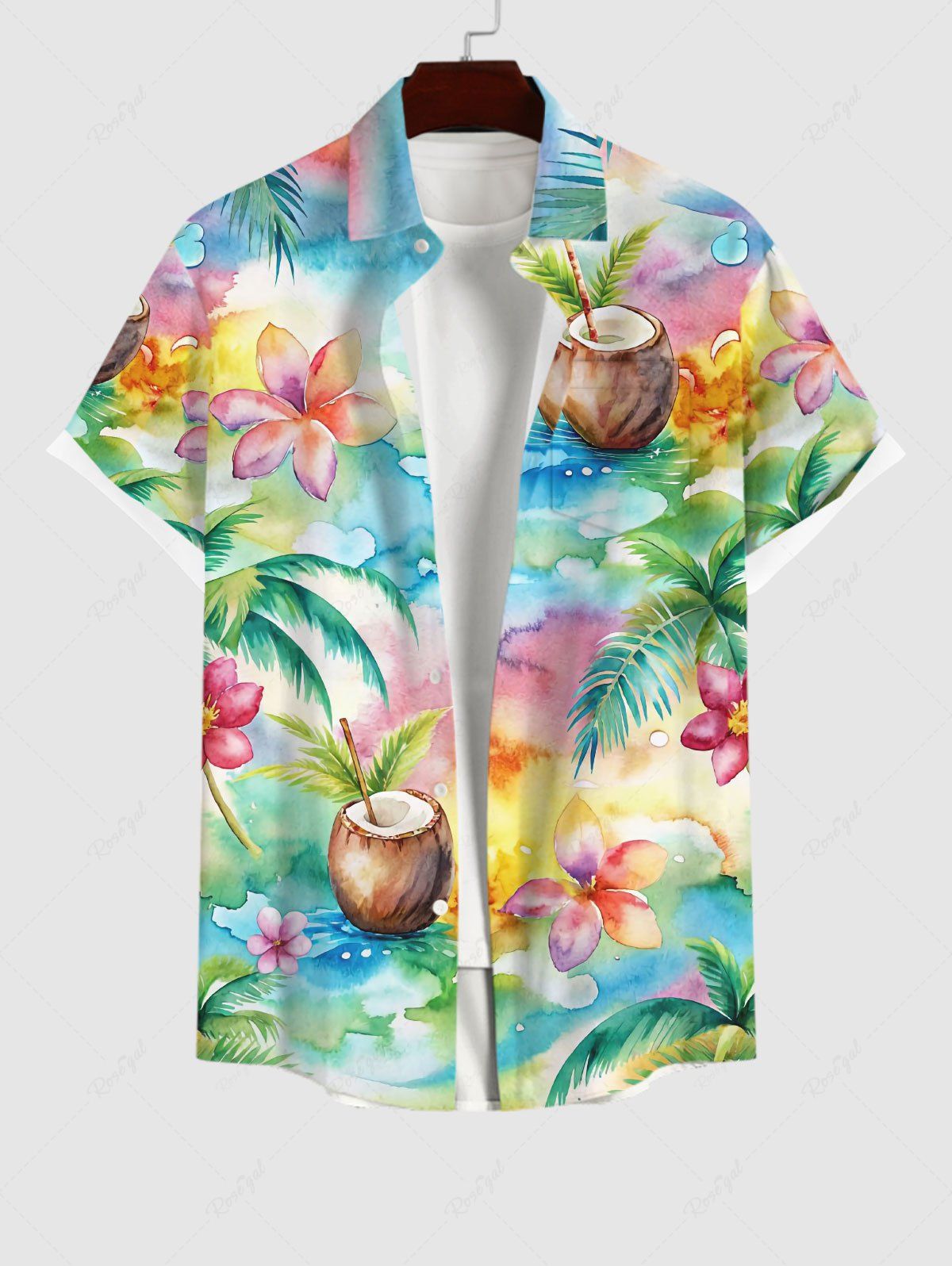 Chemise hawaïenne à boutons et poches pour homme, grande taille, motif aquarelle coloré, motif cocotier, fleurs et jus Multi-A 6XL