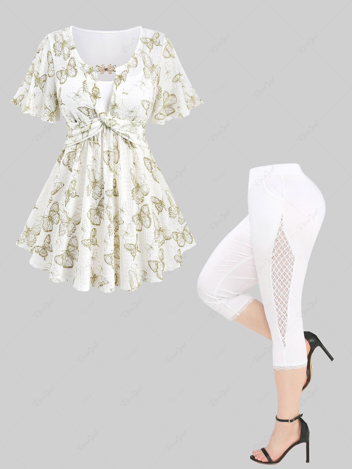 Chic Butterfly Print Twist Top and Hollow Out Crochet Lace Trim Capri Leggings Plus Size Summer Outfit  