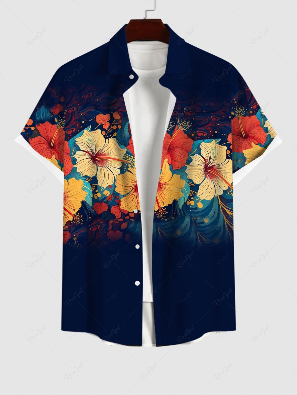 Affordable Plus Size Tropical Hibiscus Flowers Print Buttons Pocket Hawaii Shirt For Men  