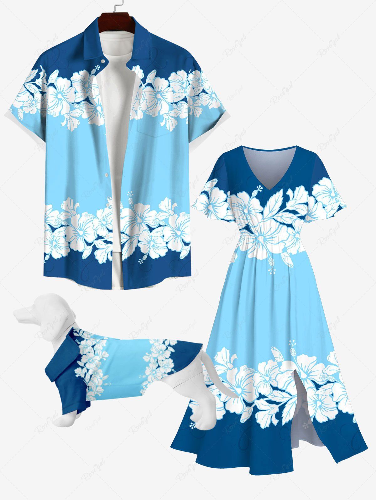 Fashion Hibiscus Flowers Colorblock Print Hawaii Dog and Owner Matching Outfits  