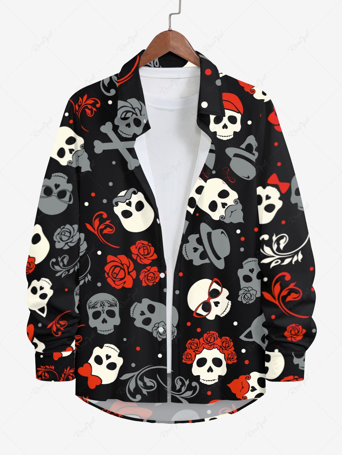Best Plus Size Skulls Rose Flower Hat Dots Print Buttons Pocket Shirt For Men  
