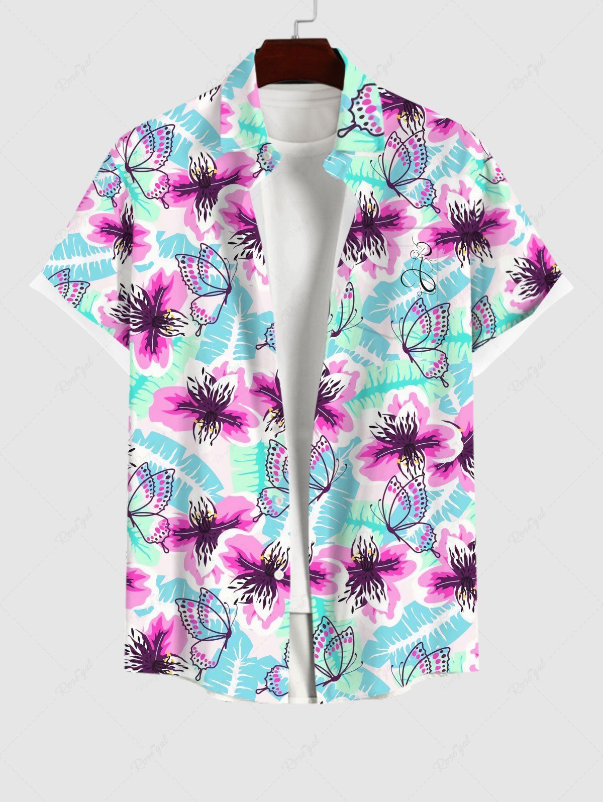 Sale Plus Size Tropical Palm Leaf Flowers Butterfly Print Buttons Pocket Hawaii Shirt For Men  