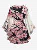 Plum Bossom Flower Branch Print Lattice Crisscross Flare Sleeve T-shirt and Flare Pants Plus Size Matching Set -  